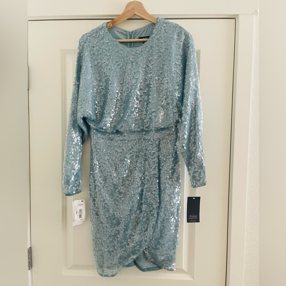Aidan Mattox Blue Sequin Long Sleeve Dress